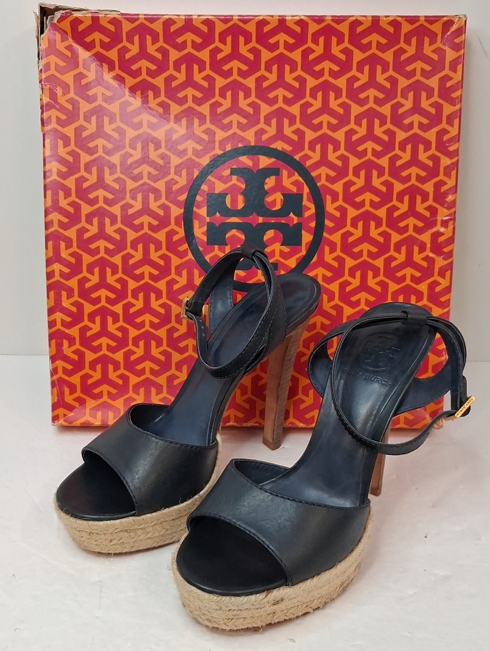 Tory Burch Navy Leather Espadrille Wedge Sandals Size 7.5